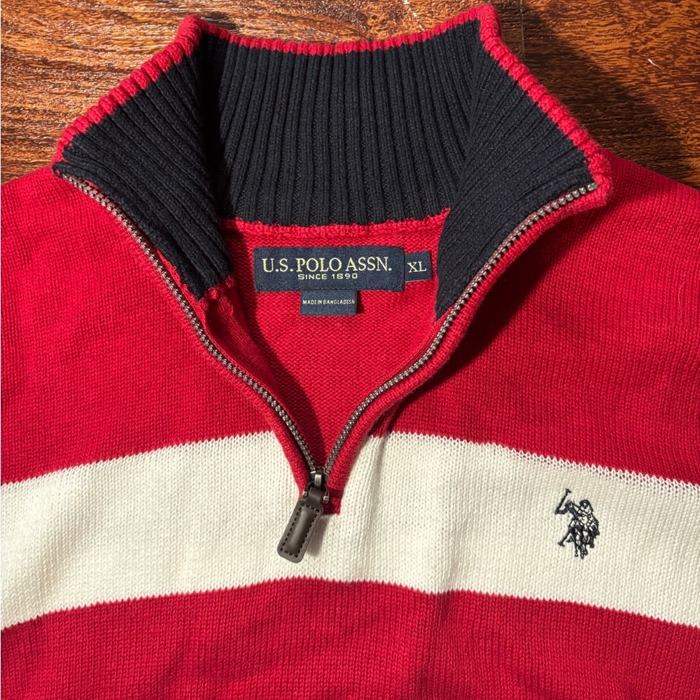 U.S. Polo Assn. Striped Knit Red Black White Zip Up Sweater Cozy - Picture 4 of 7